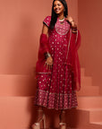 Wine Printed Dress With Net Dupatta