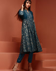 Teal Brocade Gathered Kurta Set