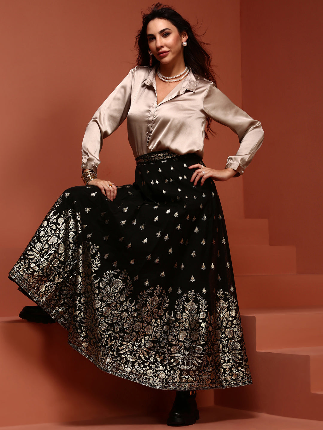 Party Wear Brocade Skirt With Shirt Buy Crown-Luxe Navy Satin
