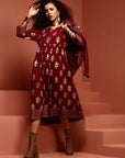Maroon Gathered Printed Kurta