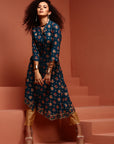 Navy Blue Asymmetric Printed Kurta