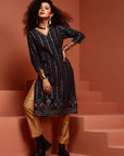 Navy Blue Printed Straight Kurta
