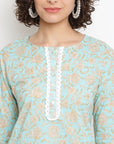 Block Floral Blue Kurta Set