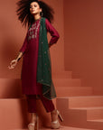 Wine Embroidered Straight Kurta Set