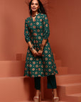 Green Printed A-line Kurta
