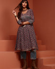 Red Printed Gathered Kurta