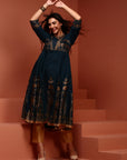 Teal Printed Shantoon Kalidar Kurta