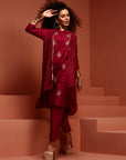Wine- Coloured Embroidered Kurta Set