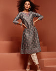 Grey Printed A-Line Kurta