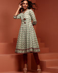Mint Printed Pure Cotton Kalidar Kurta