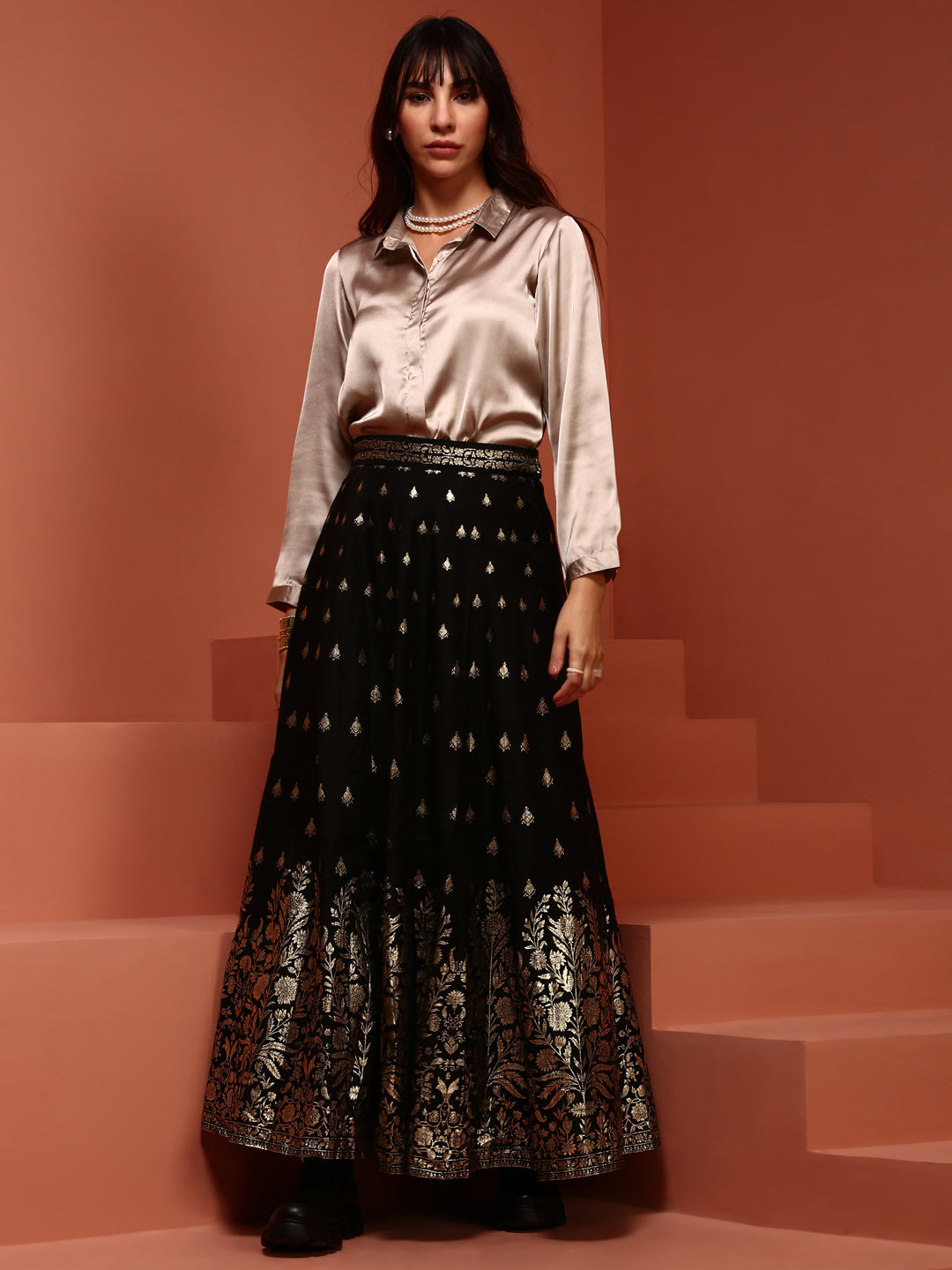 Black Printed Brocade Skirt - Main Image