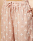Beige Printed Gathered Straight Kurta Set