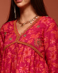 Pink Floral Printed Gathered Kurta Set