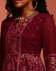 Maroon Printed Shantoon Gathered Kurta Set