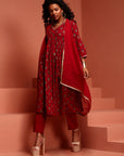 Maroon Printed Gathered Kurta Set