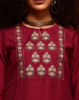 Wine Embroidered Straight Kurta Set