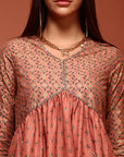 Peach Printed Gathered Kurta