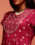 Wine Printed Dress With Net Dupatta