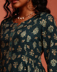 Teal Printed Muslin A-line Kurta Set