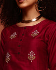 Wine- Coloured Embroidered Kurta Set