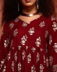 Maroon Gathered Printed Kurta