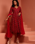 Maroon Printed Gathered Kurta Set
