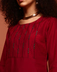 Radiant Red Embroidered Cotton Blend Kurta Set