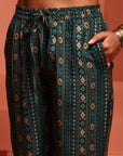 Teal Printed Muslin A-line Kurta Set
