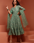 Mint Printed Georgette Tiered Dress