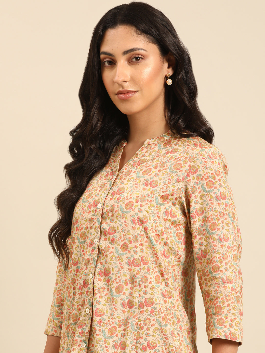 Beige Floral Kurta Pant Set