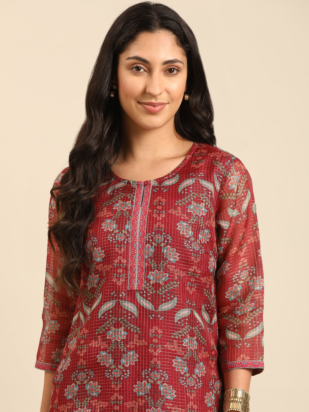 Peach Printed Kota Straight Kurta