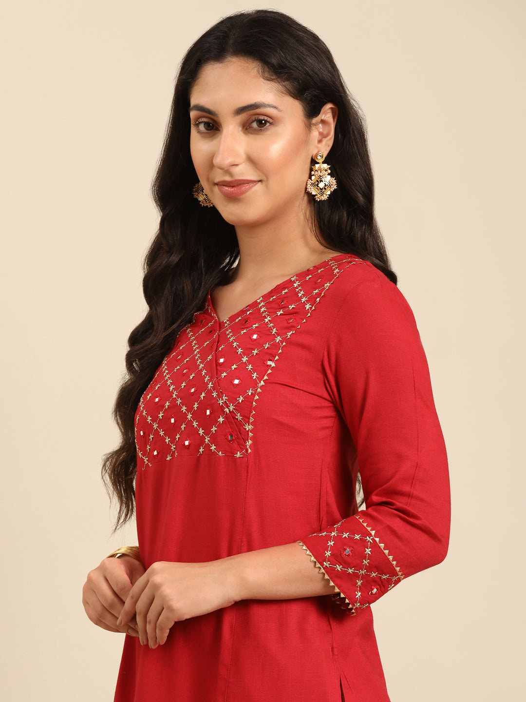 Red Viscose Rayon A-Line Kurta