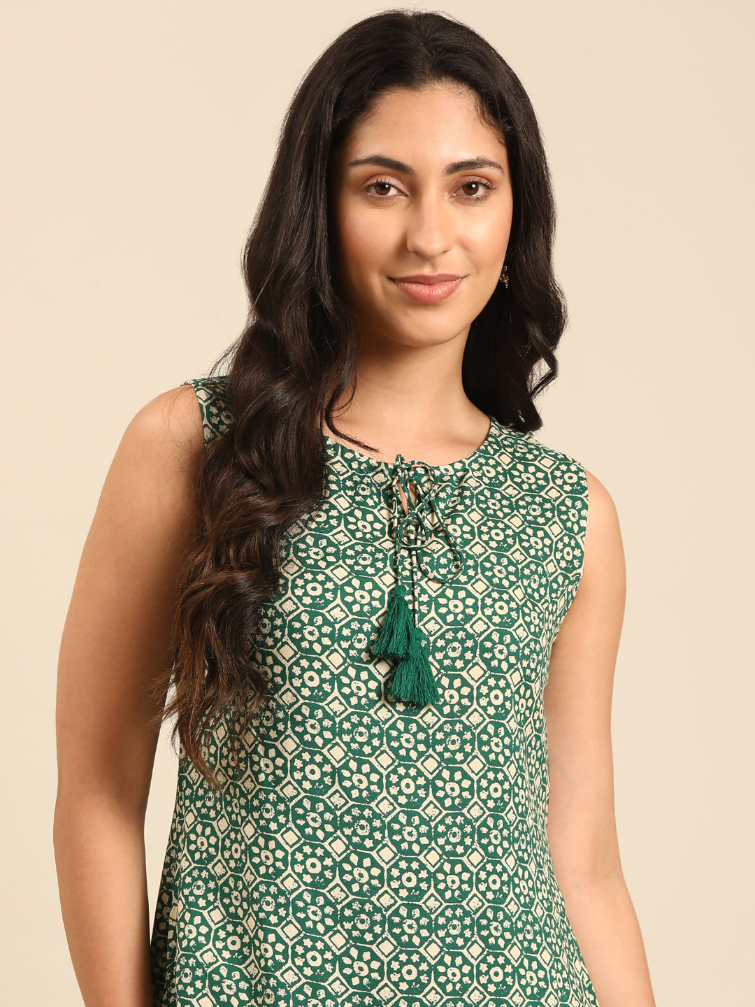 Green Printed Rayon Asymmetric Dress