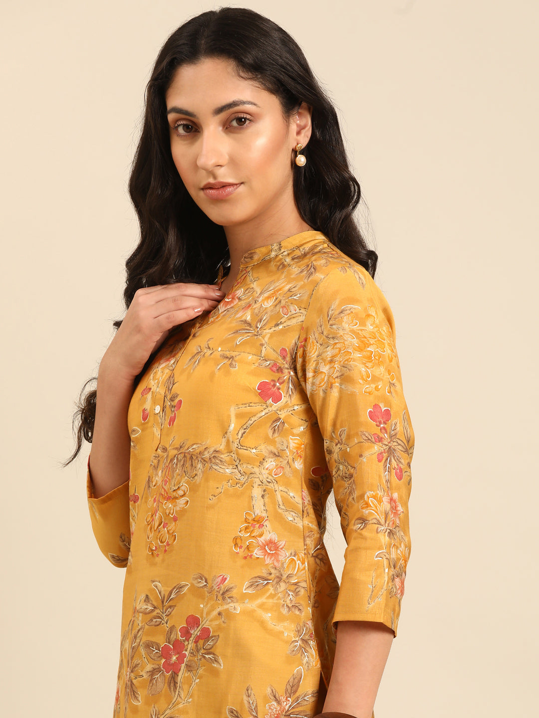 Mustard Printed Muslin Straight Kurta