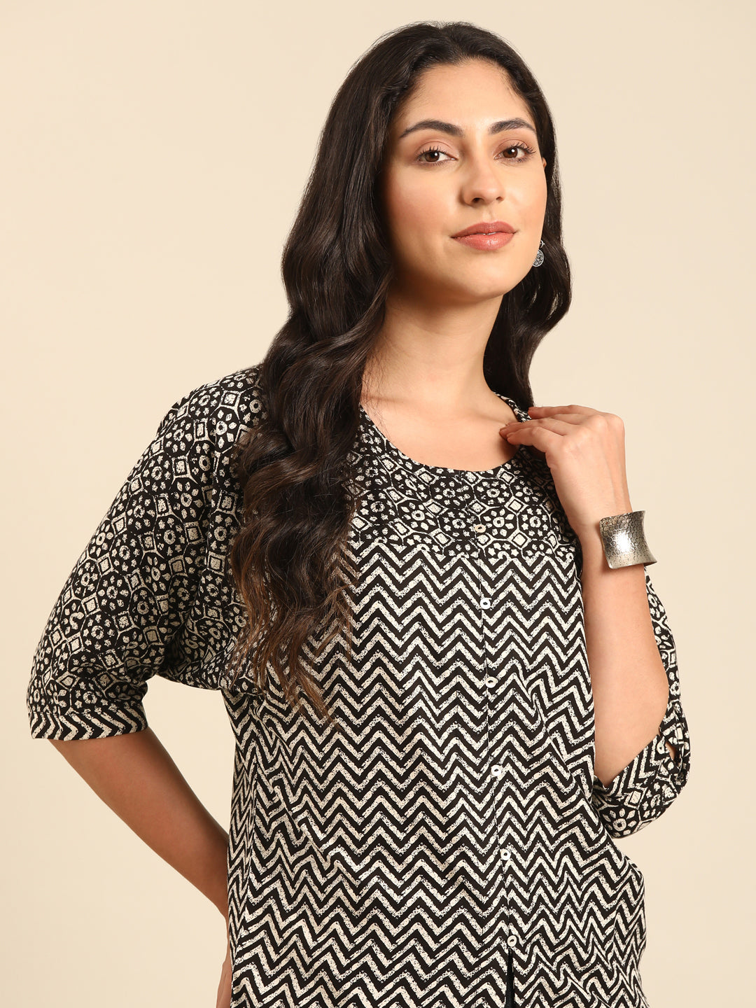 Black & White Printed Viscose Rayon A-Line Top