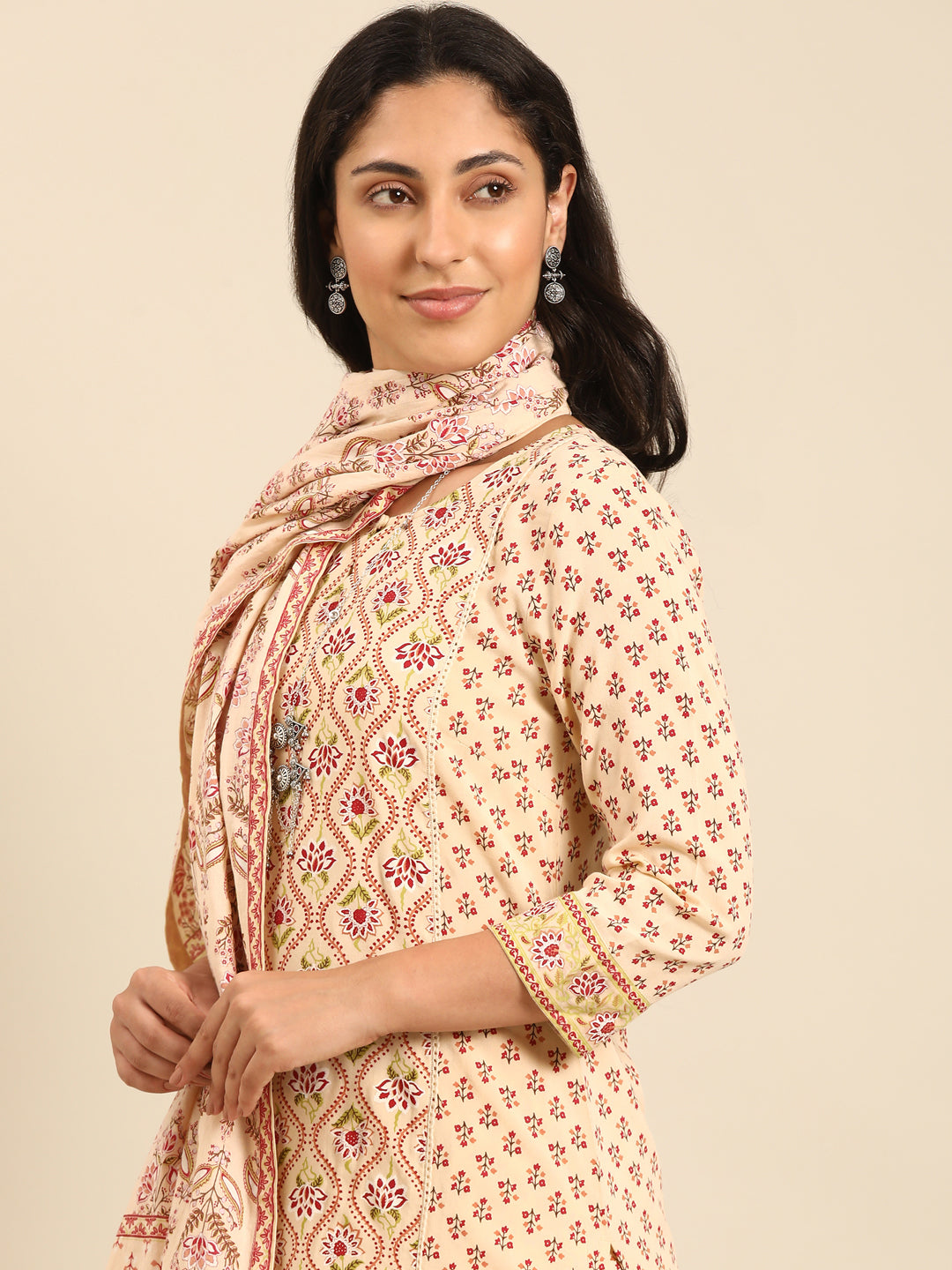 Beige Printed Straight Kurta Set