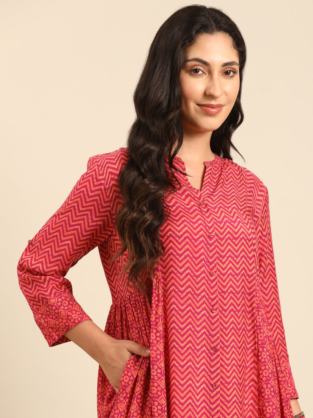 Fuchsia Printed Rayon A-Line Kurta