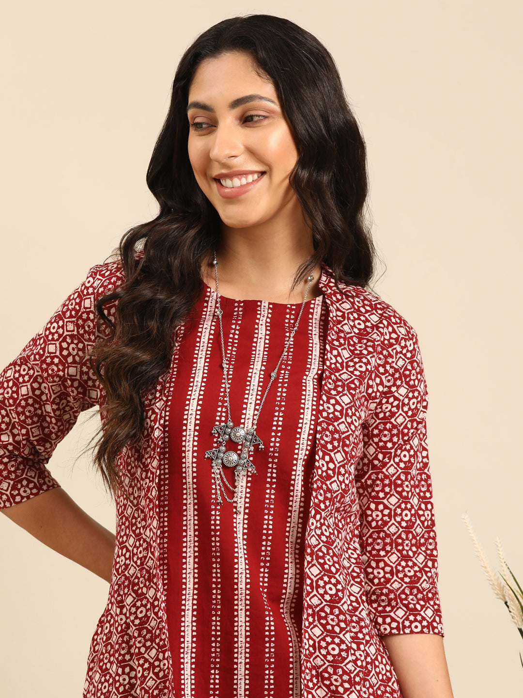 Red Printed Kurta Set with Jacket