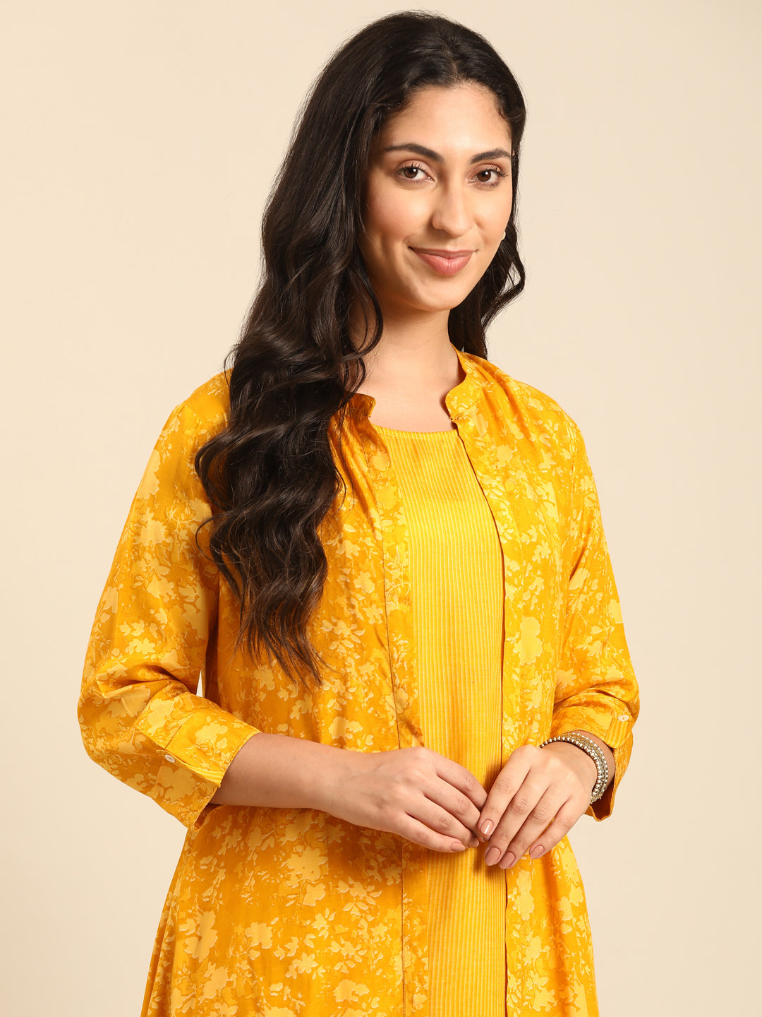 Floral Yellow Kurta Pant Set with Jacket