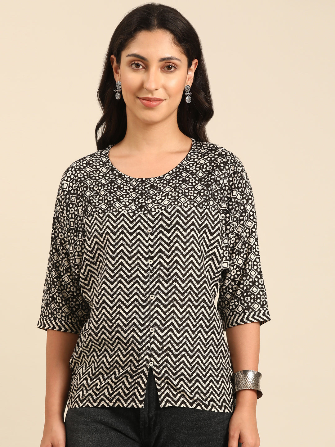 Black & White Printed Viscose Rayon A-Line Top