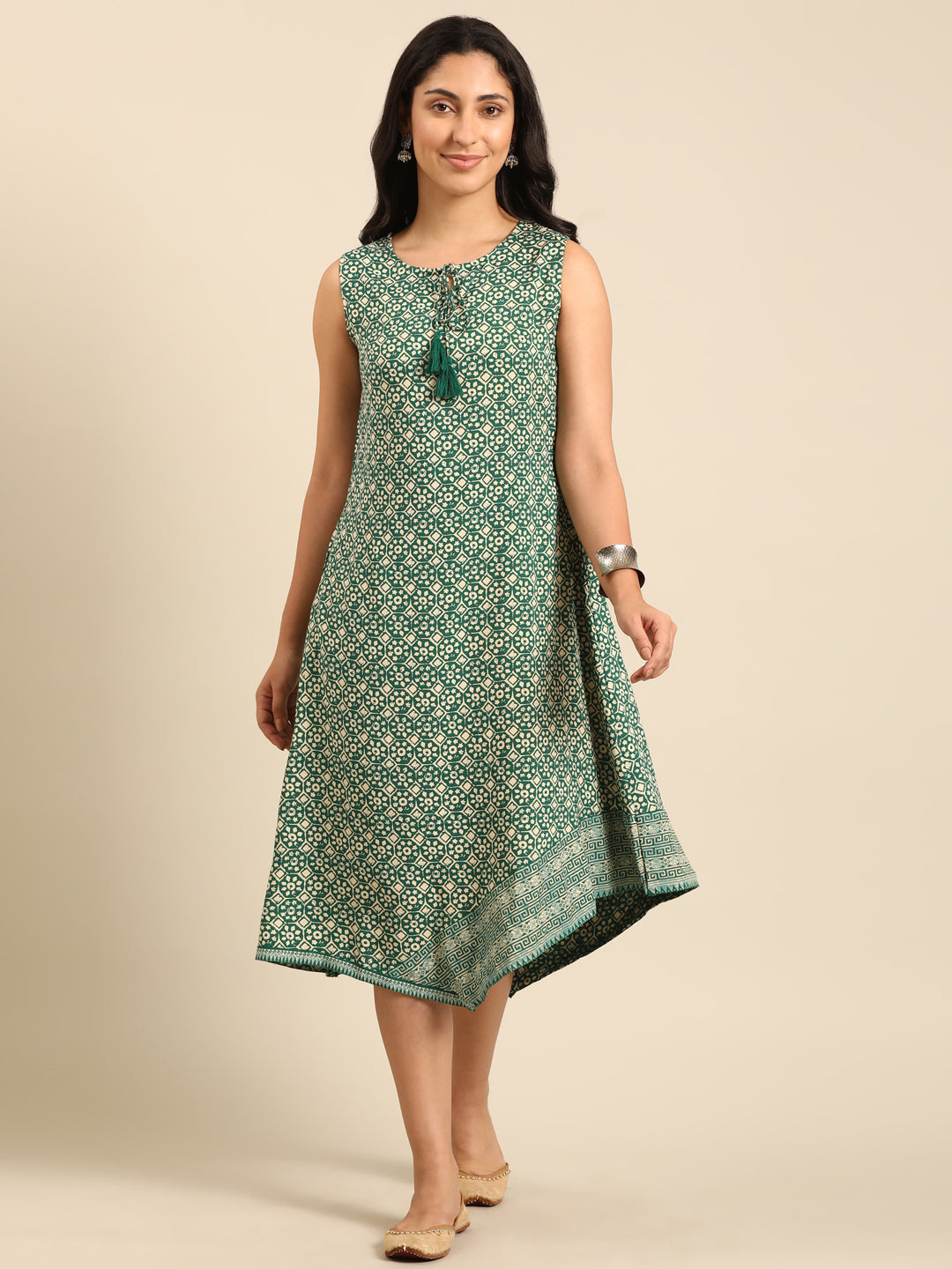 Green Printed Rayon Asymmetric Dress