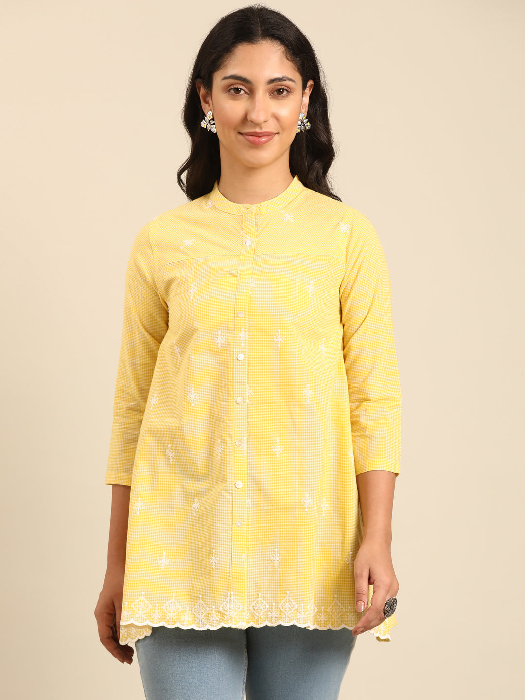 Yellow Embroidered Cotton A-Line Top