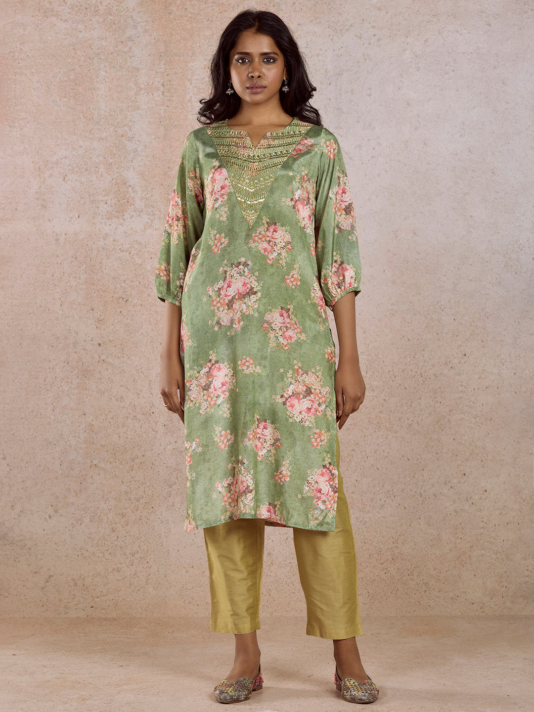 Green Yoke Embroidered Rayon Kurta