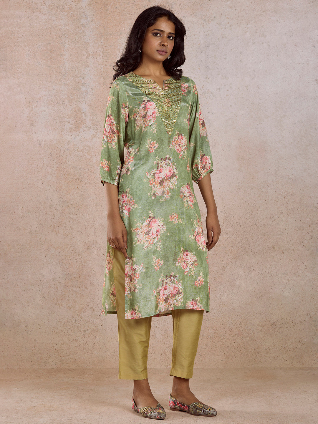 Green Yoke Embroidered Rayon Kurta