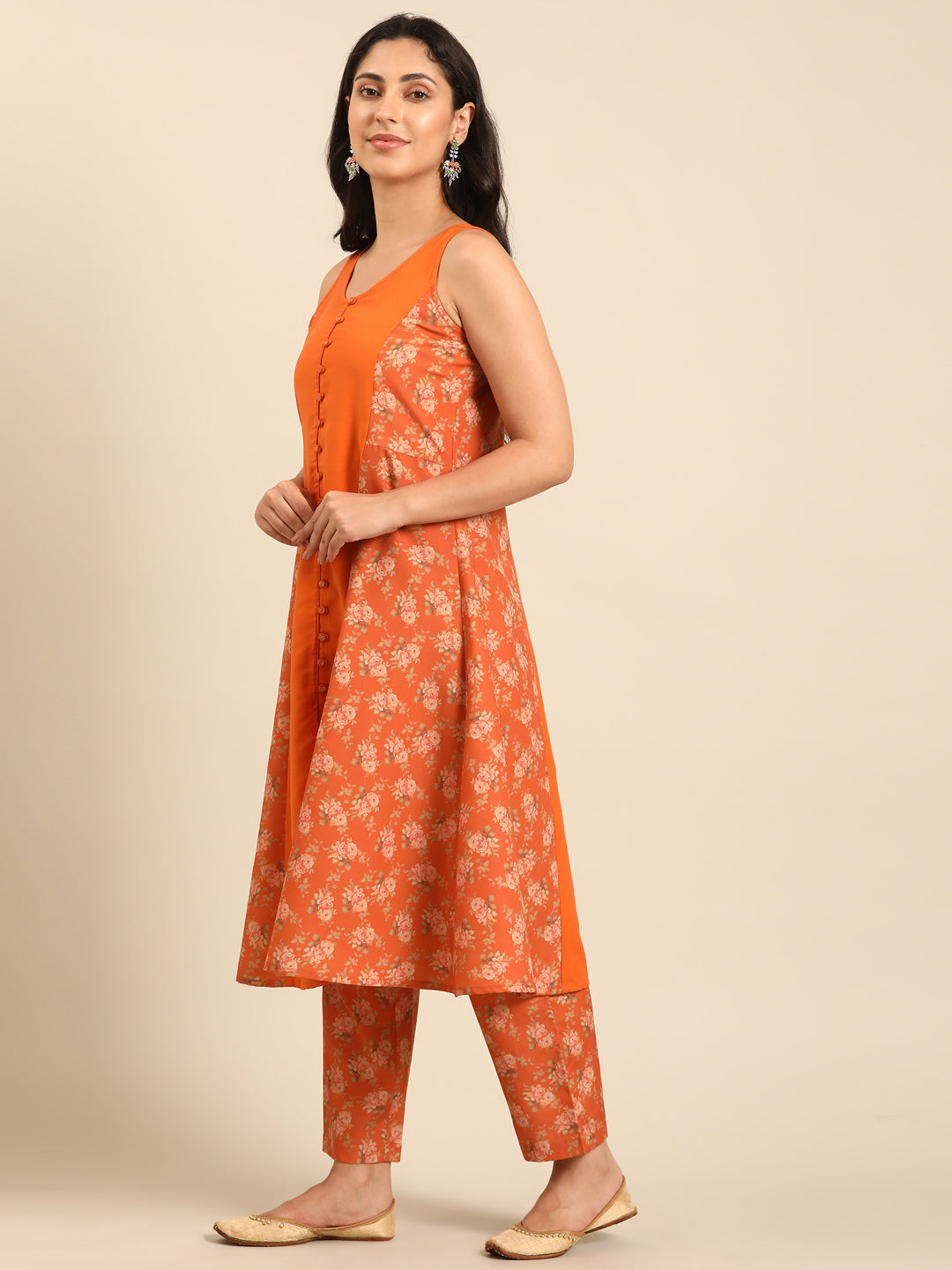 Orange Floral Kurta Pant Set