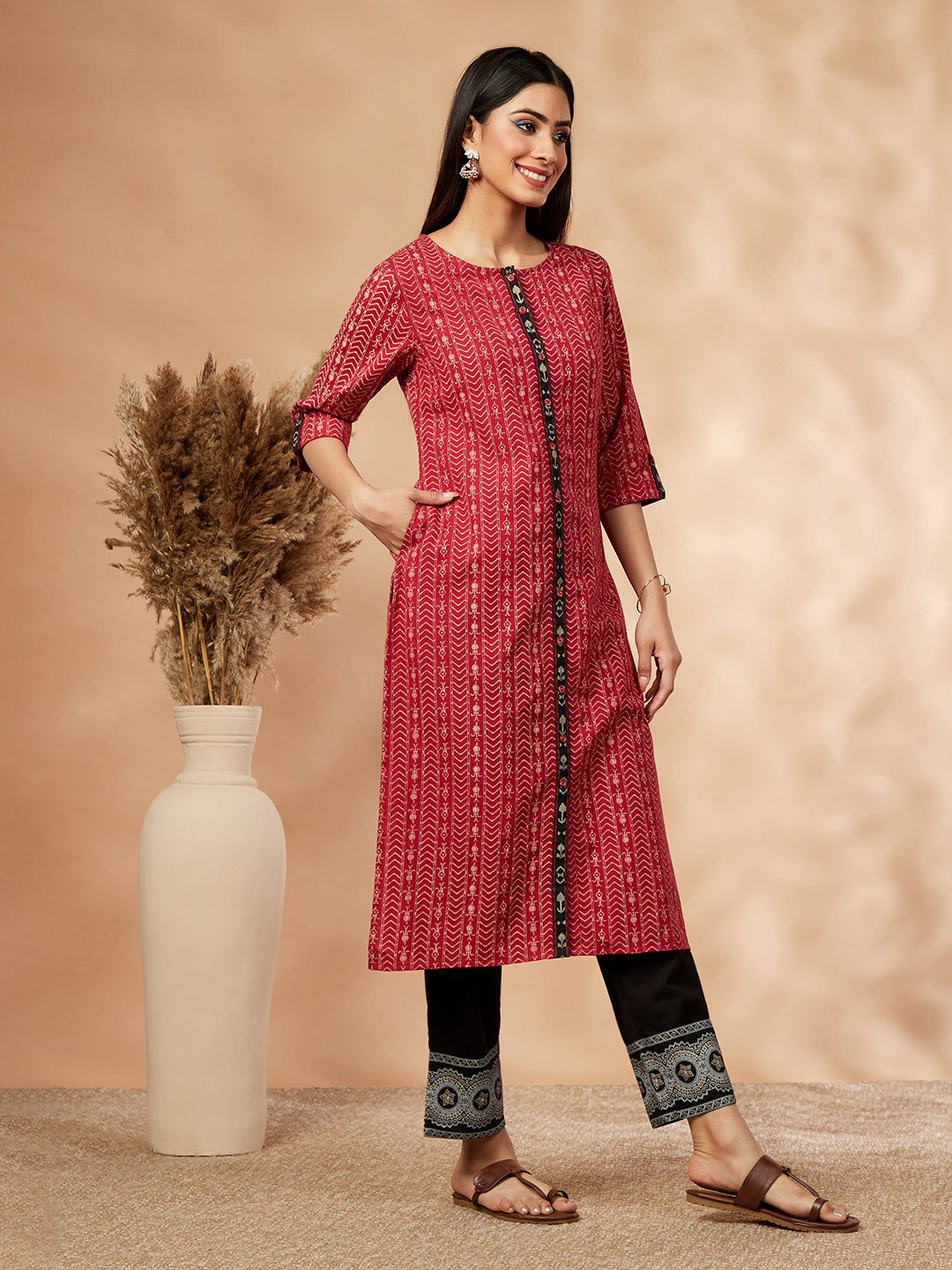 Printed Straight Red Kurta
