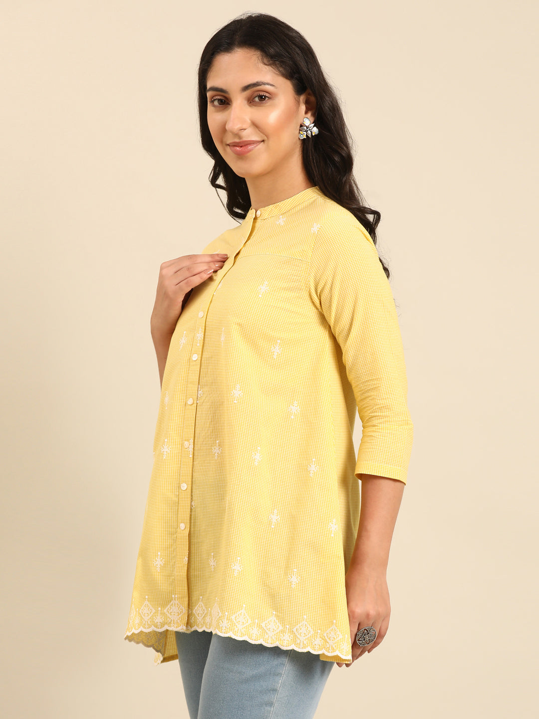 Yellow Embroidered Cotton A-Line Top