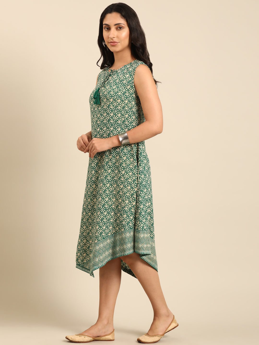 Green Printed Rayon Asymmetric Dress