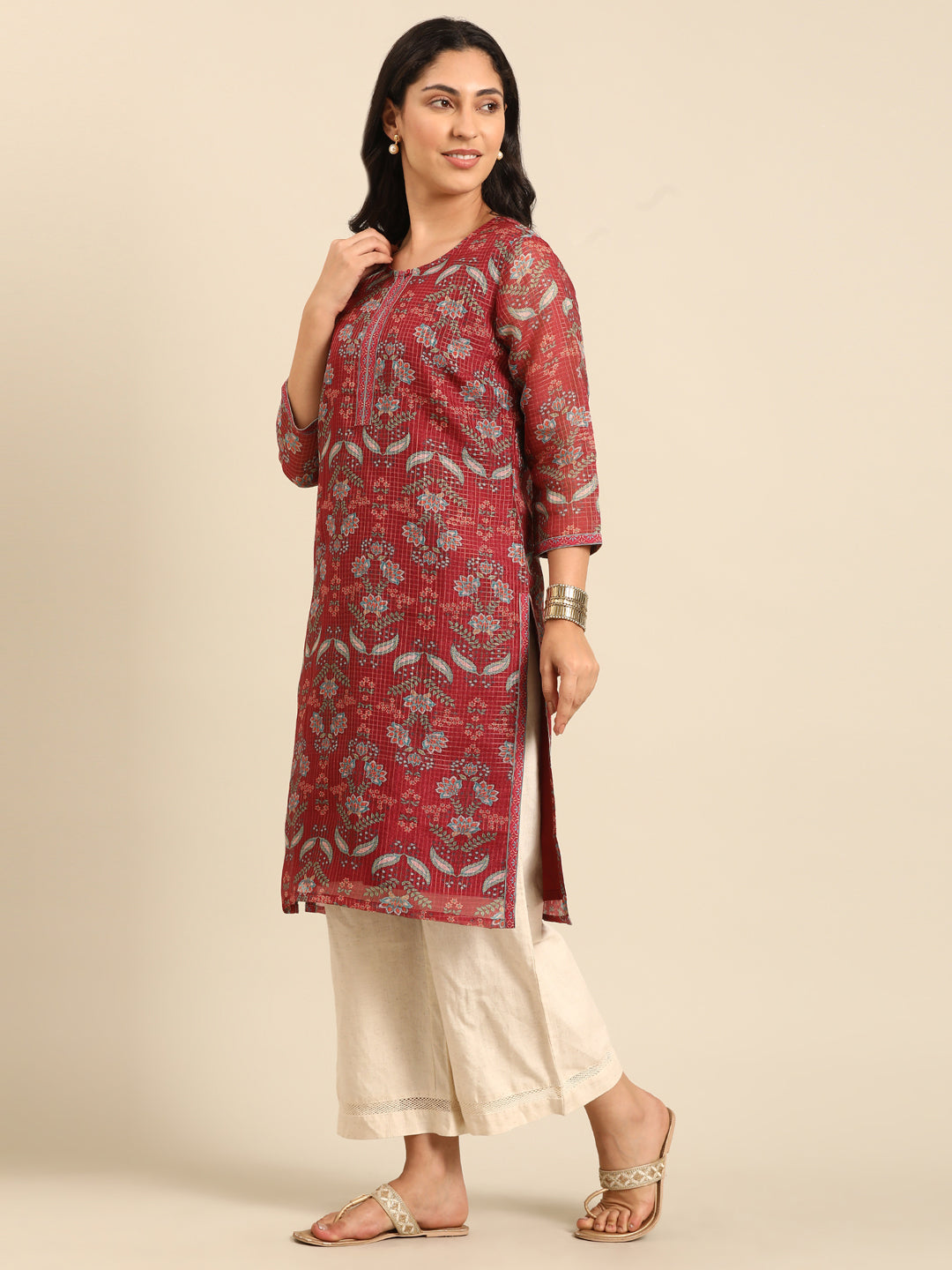 Peach Printed Kota Straight Kurta