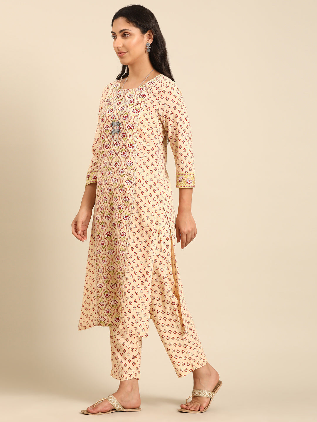 Beige Printed Straight Kurta Set